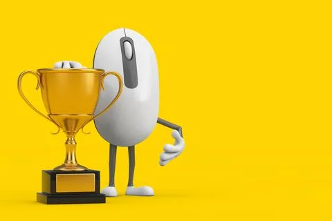 Computer Mouse Cartoon Person Character Mascot with Golden Award Trophy. 3d.. Stock Illustration