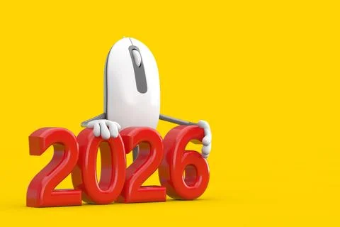 Computer Mouse Cartoon Person Character Mascot with Red 2026 New Year Sign... Stock Illustration