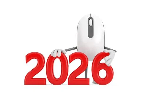Computer Mouse Cartoon Person Character Mascot with Red 2026 New Year Sign... Stock Illustration
