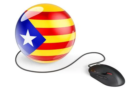 Computer mouse with Catalan flag. Internet network in Catalonia concept. 3D r Stock Illustration