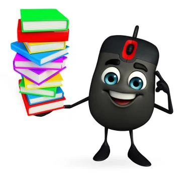 Computer mouse character with books pile Stock Illustration