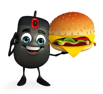 Computer mouse character with burger Stock Illustration