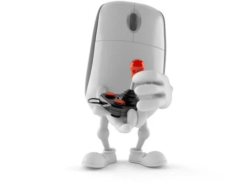 Computer mouse character holding retro joystick Illustrazione stock
