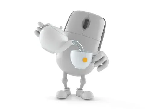 Computer mouse character holding tea cup Stock Photos