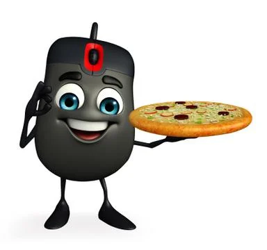 Computer mouse character with pizza 스톡 일러스트