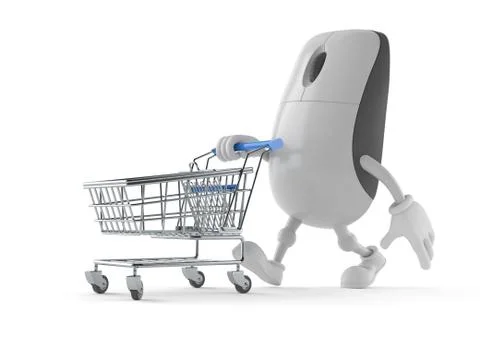 Computer mouse character pushing a shopping cart Stock Illustration