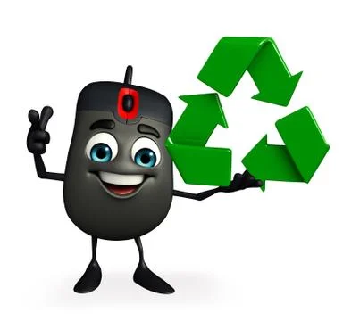 Computer mouse character with recycle icon Stock Illustration