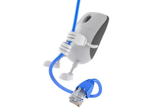 Computer mouse character swinging on network cable Stock Illustration