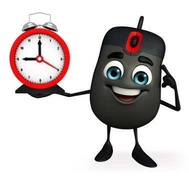 Computer mouse character with table clock Stock Illustration