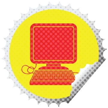 Computer with mouse circular peeling sticker 스톡 일러스트