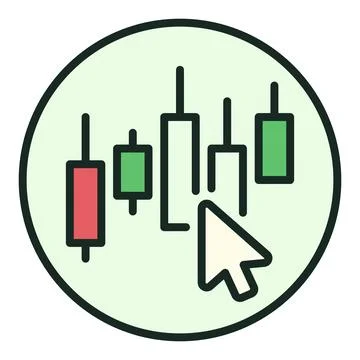 Computer Mouse Click on Candlestick Chart vector Stock Market Trading round.. Illustrazione stock