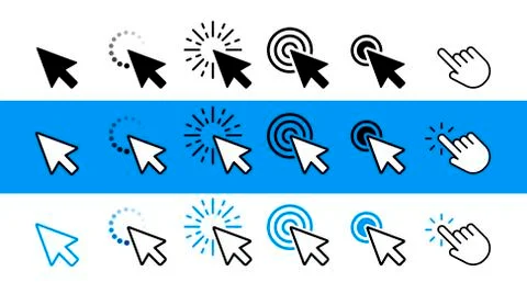 Computer mouse click cursor black, white and blue arrow icons set. Vector Stock Illustration