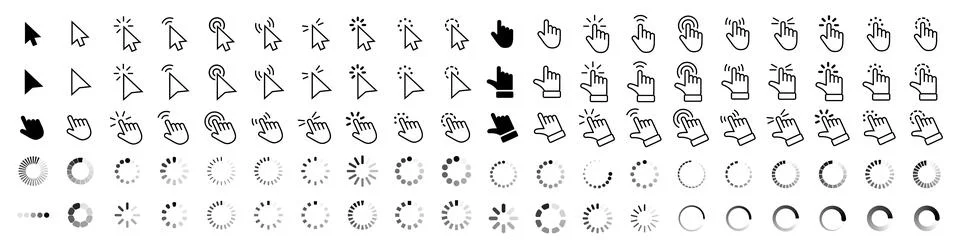 Computer mouse click cursor gray arrow icons set and loading icons. Cursor .. Stock Illustration