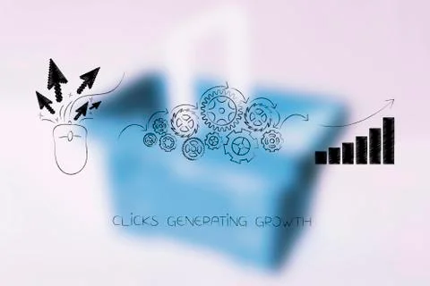 Computer mouse with clicks being processed by gearwheels into positive growth 库存插图