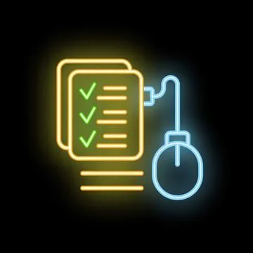 Computer mouse connected to documents with check marks in neon light style Stock Illustration