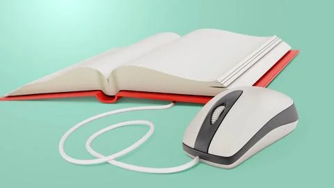 Computer mouse connected to open book. 3D illustration Stock Illustration
