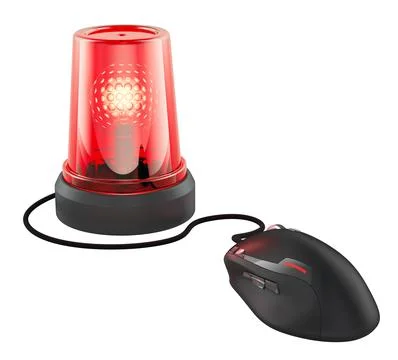 Computer mouse connected to police emergency siren. 3D rendering Stockillustratie