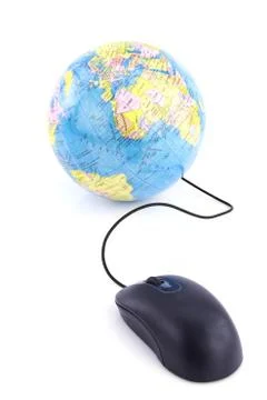 Computer mouse connected to a world globe Stock Photos