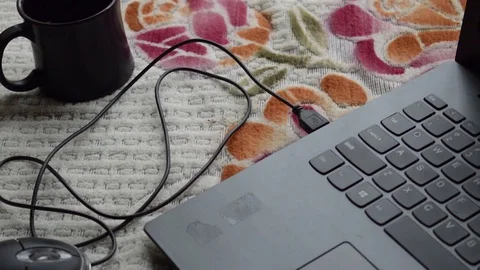 Computer mouse connection cable plug-in the laptop keyboard. Network connecti Stock-Footage 129211974