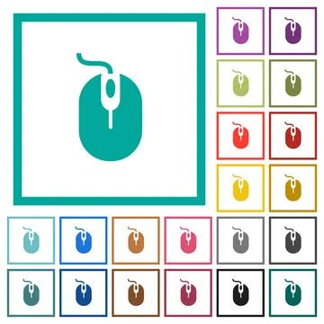 Computer mouse with cord flat color icons with quadrant frames Stock Illustration