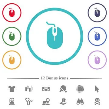 Computer mouse with cord flat color icons in circle shape outlines Stock Illustration