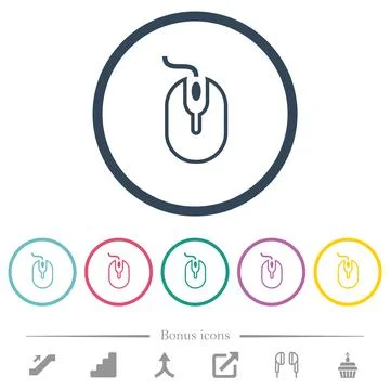 Computer mouse with cord outline flat color icons in round outlines Stock Illustration