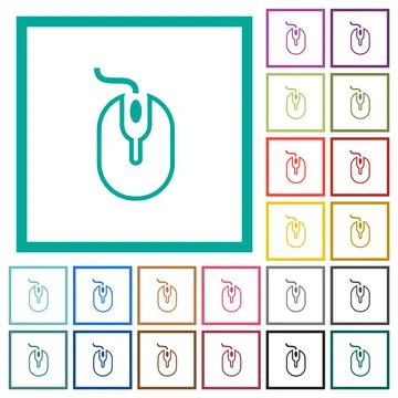 Computer mouse with cord outline flat color icons with quadrant frames Stock Illustration