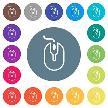 Computer mouse with cord outline flat white icons on round color backgrounds 스톡 일러스트