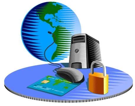 Computer mouse credit card padlock retro. Stock Illustration