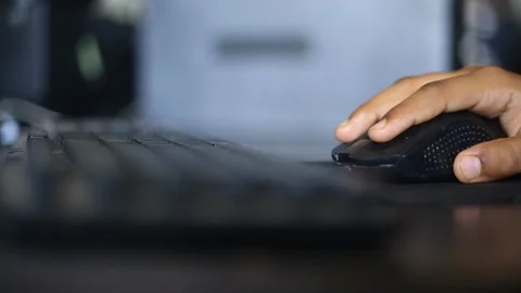 Computer Mouse Cursor In Hand, Keyboard Type And Click Using Finger Technolog Stock Footage
