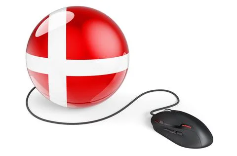 Computer mouse with Danish flag. Internet network in Denmark concept. 3D rend Stock Illustration