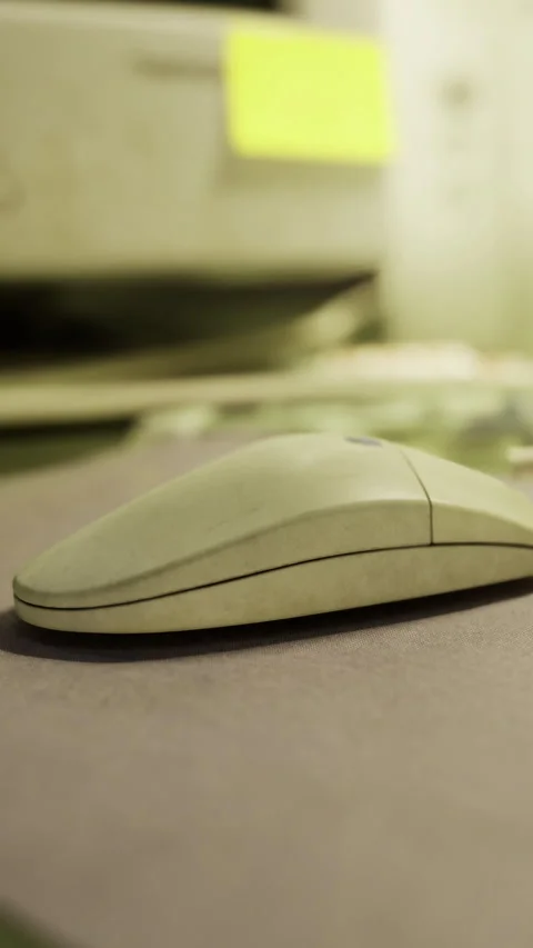 Computer mouse on a desk with a cluttered background in an office Stock Footage 334725668