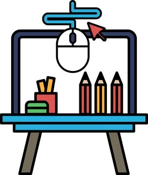 A computer mouse is on a desk with a pencil and a pen Stock Illustration