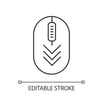 Computer mouse with down arrows pixel perfect linear icon. Scrolldown gesture Stock Illustration