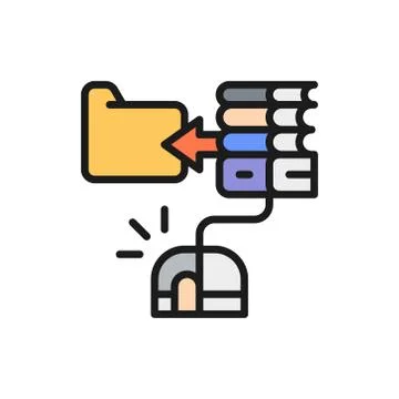 Computer mouse with e-book, online education, web library flat color line icon. イラスト素材