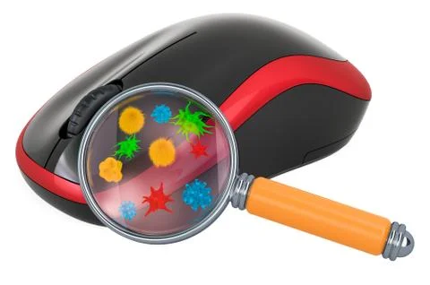 Computer mouse with germs and bacterias under magnifying glass. 3D rendering Illustrazione stock