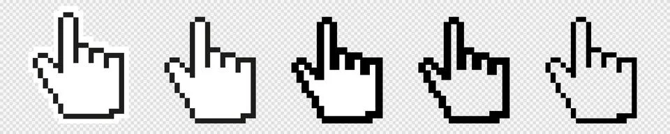 Computer mouse hand 8 bit pixel click cursor. Pointer finger pixelated cursor. Illustrazione stock