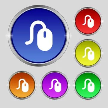 Computer mouse icon sign. Round symbol on bright colourful buttons. Illustrazione stock