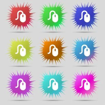 Computer mouse icon sign. A set of nine original needle buttons. Vector Stock Illustration