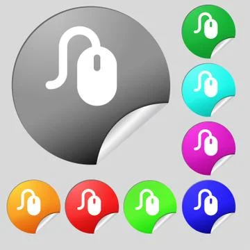 Computer mouse icon sign. Set of eight multi-colored round buttons, stickers. Stock Illustration