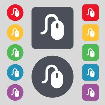 Computer mouse icon sign. A set of 12 colored buttons. Flat design. Stock Illustration
