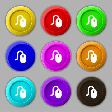 Computer mouse icon sign. symbol on nine round colourful buttons. Vector Illustrazione stock