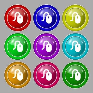 Computer mouse icon sign. symbol on nine round colourful buttons. Stock Illustration