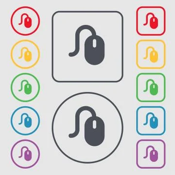 Computer mouse icon sign. symbol on the Round and square buttons with frame. Stock Illustration