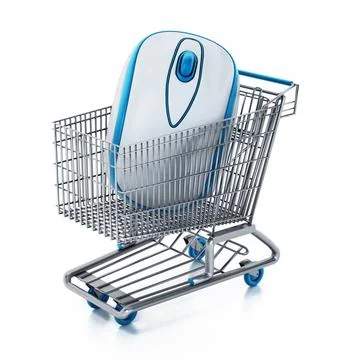 Computer mouse inside shopping cart isolated on white background. 3D illus... Stock Photos