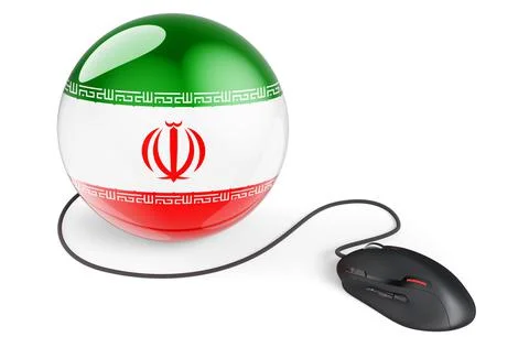 Computer mouse with Iranian flag. Internet network in Iran concept. 3D render Illustrazione stock