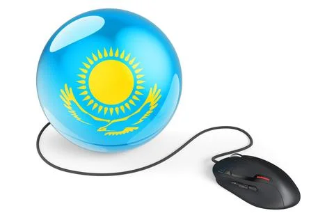Computer mouse with Kazakh flag. Internet network in Kazakhstan concept. 3D r Stock Illustration