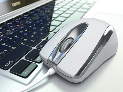 Computer mouse on laptop keyboard. 3d Stock Illustration