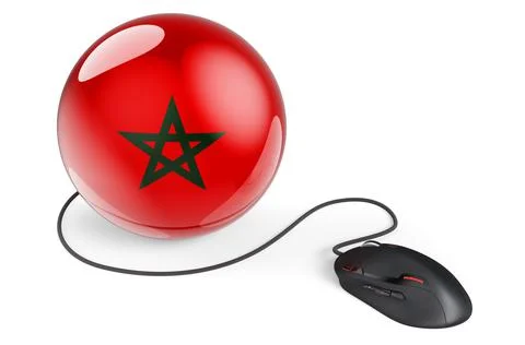 Computer mouse with Moroccan flag. Internet network in Morocco concept. 3D re Stock Illustration