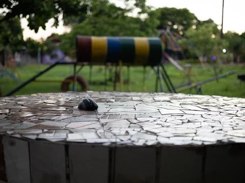 Computer mouse on mosaic stone table in park Stock Photos